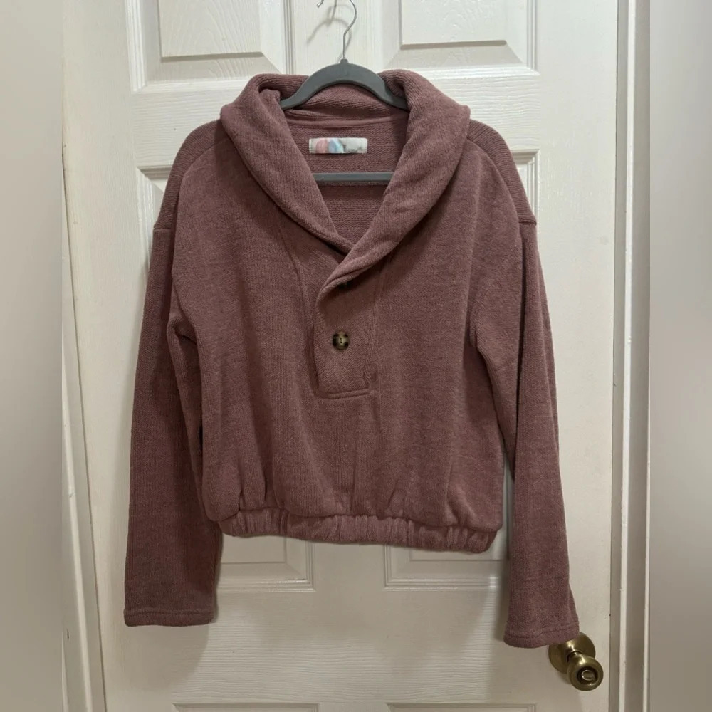 Free People Bino Pullover Mauve Boho 2 Button Collar Textured Knit Oversized XS